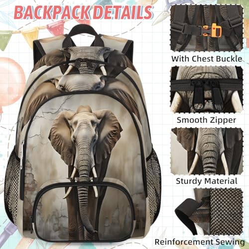 TropicalLife Grey Elephant Backpack with Lunch Box Set, Back Pack and Lunch Bag Grey Elephant Waterproof Casual Daypack Bag for Work Travel2