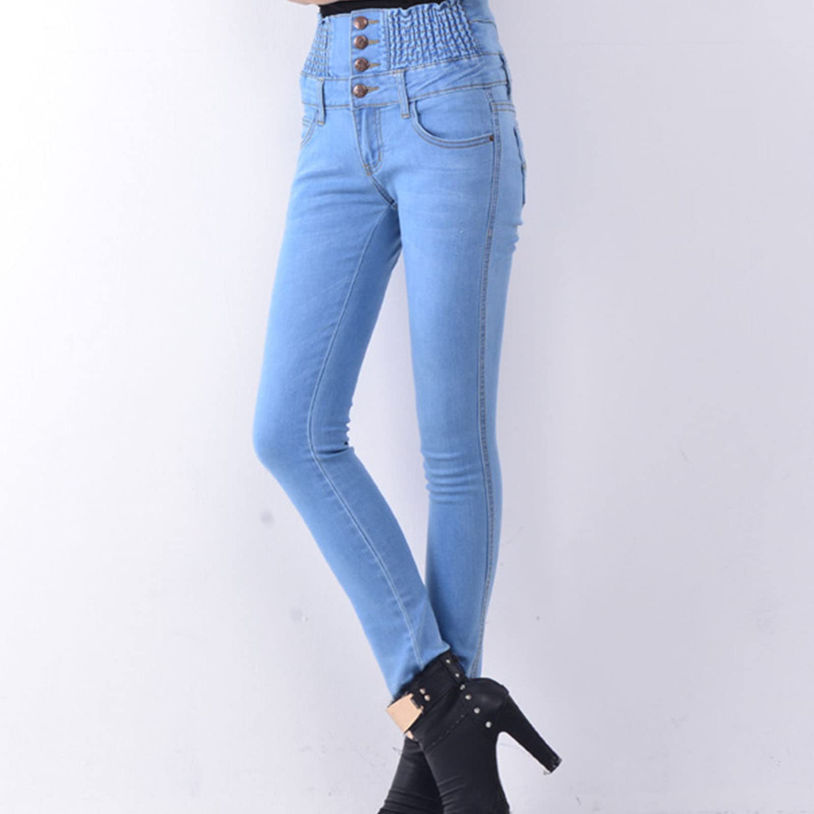 Maiyifu-GJ Women's High Waist Stretch Skinny Jeans Slim Fit 4 Button Denim Pants Solid Color Butt Lifting Jean Trouser (Light Blue,36)