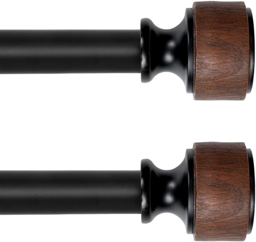 Wood Curtain Rods for Windows, Heavy Duty Adjustable Curtain Rod, 1-Inch Diameter Decorative Drapery Rod with Faux Wood Grain Finials, Black with Walnut, Modern Luxe Design (36"-120" | 2PACK)