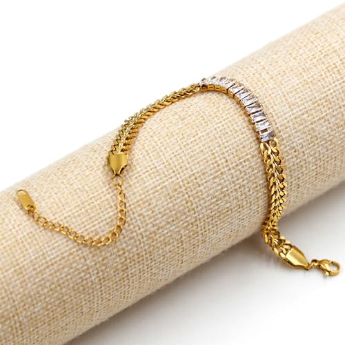 Image of Ladies Gold Double Cuban Chain, Tennis Zircon Charm Mountain /Round Mustard Seed Pendant Bracelet for Women Mom Religion Faith Jewelry