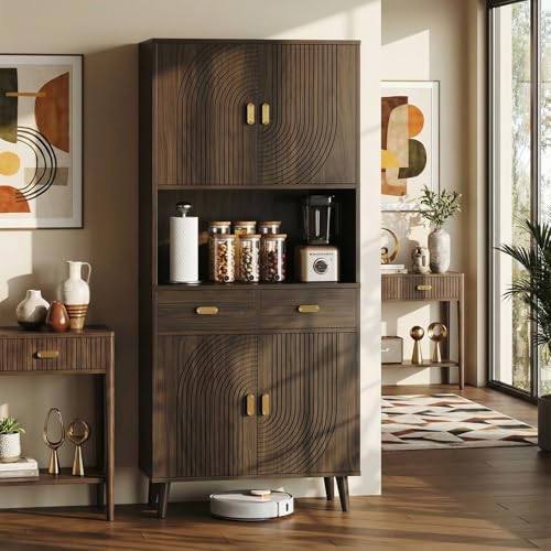 Image of LIKIMIO 71.6 inch Tall Kitchen Pantry Cabinet, Walnut Mid-Century Hutch Cabinet with Storage- 3 Adjustable Shelves, 2 Drawers, Multi-Room Pantry