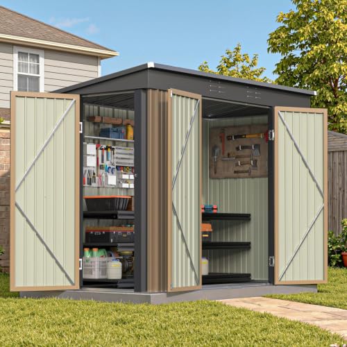 Patiowell 8x4 FT Outdoor Storage Shed Heavy Duty Tool Metal Sheds with 3 Lockable Doors and Updated Frame Structure for Backyard Patio Lawn Brown