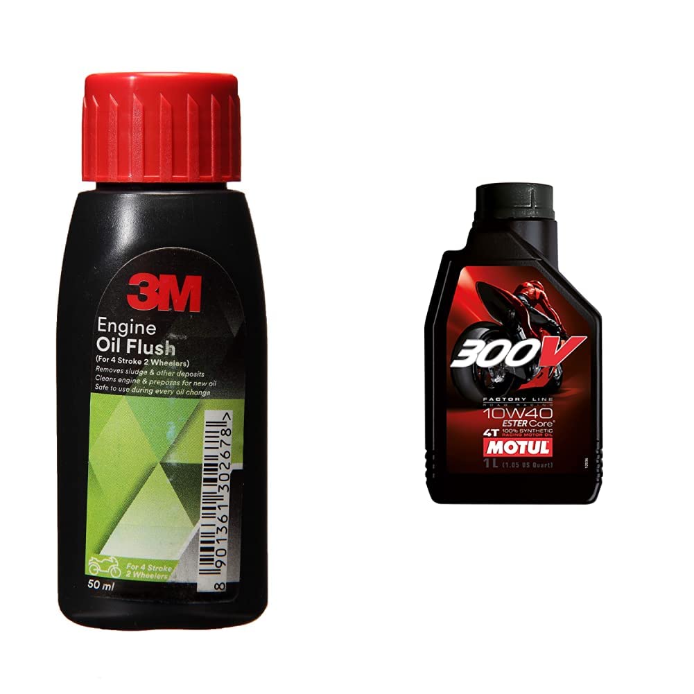3M 2wh Engine Oil Flush (50 ml) + Motul 300V Factory Line Ester Core Fully Synthetic 10W-40 Petrol Engine Oil for Bikes (1 L)-image-38
