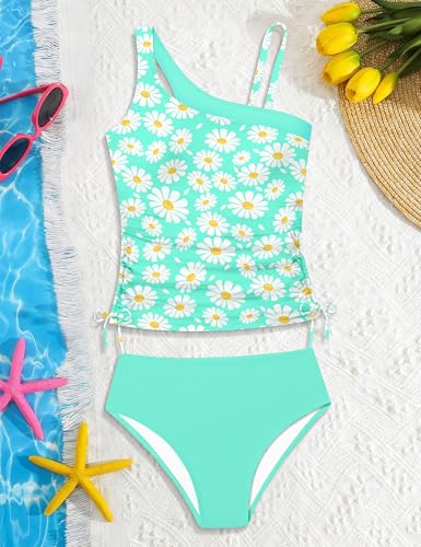Image of AGAPENG Girls Swimsuit Two Piece One Shoulder Tankini Floral Print Drawstring Swimwear Set 7-14Y