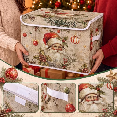 Image of Briwooody Vintage Christmas Storage Bin with Lid and Carrying Handle Retro Santa Claus Foldable Storage Box Large Xmas Decorative Collapsible Container Basket for Organizing Closet Home Bedroom Gift