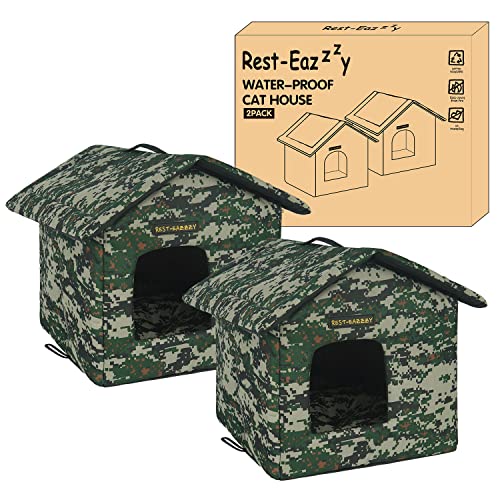Rest-Eazzzy Cat House for Outdoor Cats, Weatherproof and Insulated Feral Cat House with Mat and Canopy, Easy to Put Together, Selfwarming Cat Shelter for Winter(13 * 13 * 14" Black with Supp