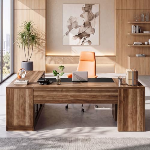 Image of Tribesigns 78.7-Inch L-Shaped Executive Desk with Mobile File Cabinet | Extra Large Office Desk with Under Desk Filing Cabinet, CPU stand, Open Shelves, and Storage Cabinet, Brown & Black