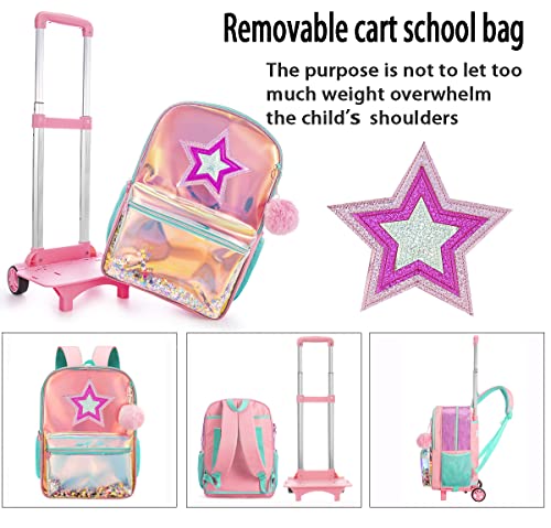 3PCS Rolling Backpack for Girls Backpack with Wheels Girls Backpack with Lunch Box Set Kids Suitcase for Girls Kids Wheeled Bookbag with Roller for Elementary School Sequin School Bag with Wheels4