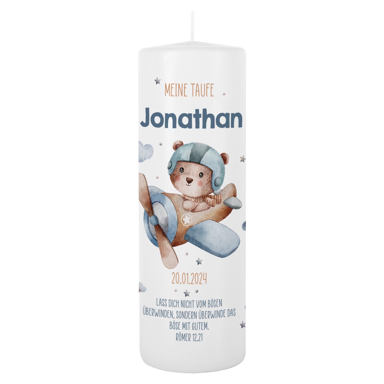 Striefchen® Taufkerze 250/80 mm mit Tiermotiven und Aufdruck des Namen und Datum sowie Taufspruch (Bär)