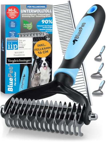 BluePet Hundebürste Unterwolle langhaar & Katzenbürste langhaar I Unterwollkamm entfernt Unterwolle & Verfilzungen I Deckhaarschutz & Knoten Entfernen I Unterfellbürste Hunde für Fellwechsel
