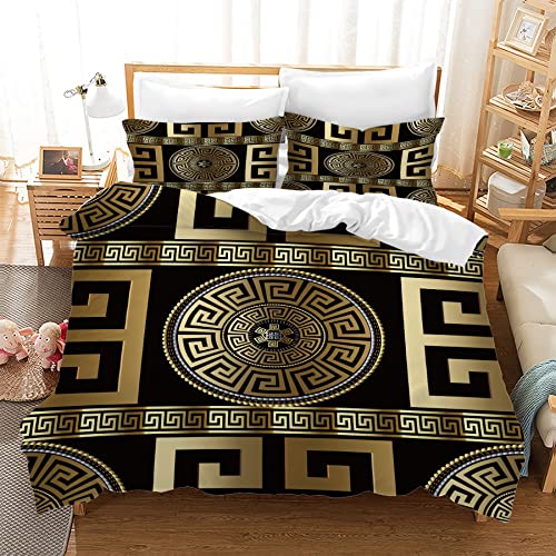 Retro Black Gold Greek Key Meander 3D Print Duvet Cover Set, 3D Geometric Gold Print Luxury Soft 3 Pieces Bedding Set Breathable with 2 Pillow Shams for Hotel Bedroom Decor (King, No Comforter)