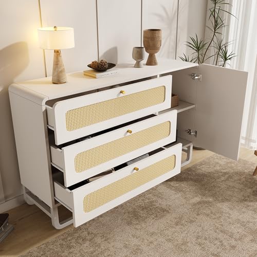 NADEUSAK Cómoda de 90 x 120 cm con ratán, asas doradas, estilo rústico, color blanco con 3 cajones, 1 armario de puerta, estantes ajustables en altura, con seguridad antivuelco