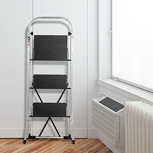 Delxo Lightweight Aluminum 3 Step Ladder Step Stool Single-Hand Carry Ladder with Handgrip Anti-Slip Sturdy and Wide Pedal Multi-Use for Household and Office Portable Step Stool 300lbs