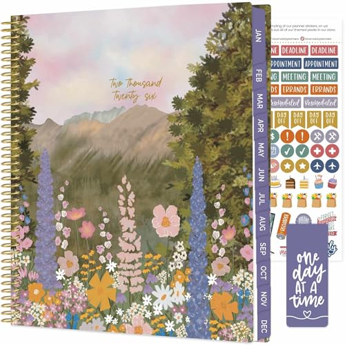 bloom daily planners Agenda 2026 (de enero a diciembre) – 8.5 x 11 pulgadas, agenda semanal y mensual con calcomanías y pestañas – Tapa suave flexible – Montaña de flores silvestres