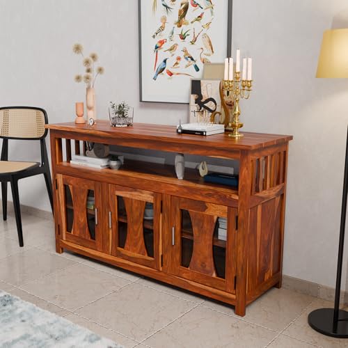 Image of WOODY Furniture Solid Sheesham Wood Kitchen Crockery Cabinet for Dining Room | Sideboard Storage Cabinet with Glass Doors, Console Table Buffet Cabinet for Living Room & Kitchen (Honey Finish)
