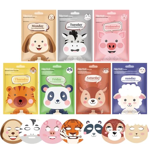 7 Stück Tuchmasken Gesicht mit Tiermotiven Gesichtsmaske Kinder & Frauen Gesichtsmasken Set für Beruhigend & Nähren Beauty Set Mädchen 7-Tage Feuchtigkeitsmaske Gesicht für Alle Hauttypen