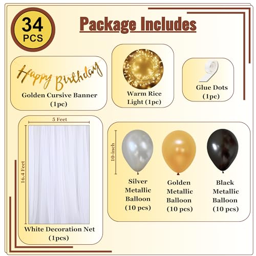 Image of 1iAM Romantic Happy Birthday Decoration Items Pack of 34pcs For Husband, Wife, Girlfriend, Boyfriend | Golden, Black & Silver Birthday Decoration Party Packs For Indoor or Outdoor Home, Room, Office