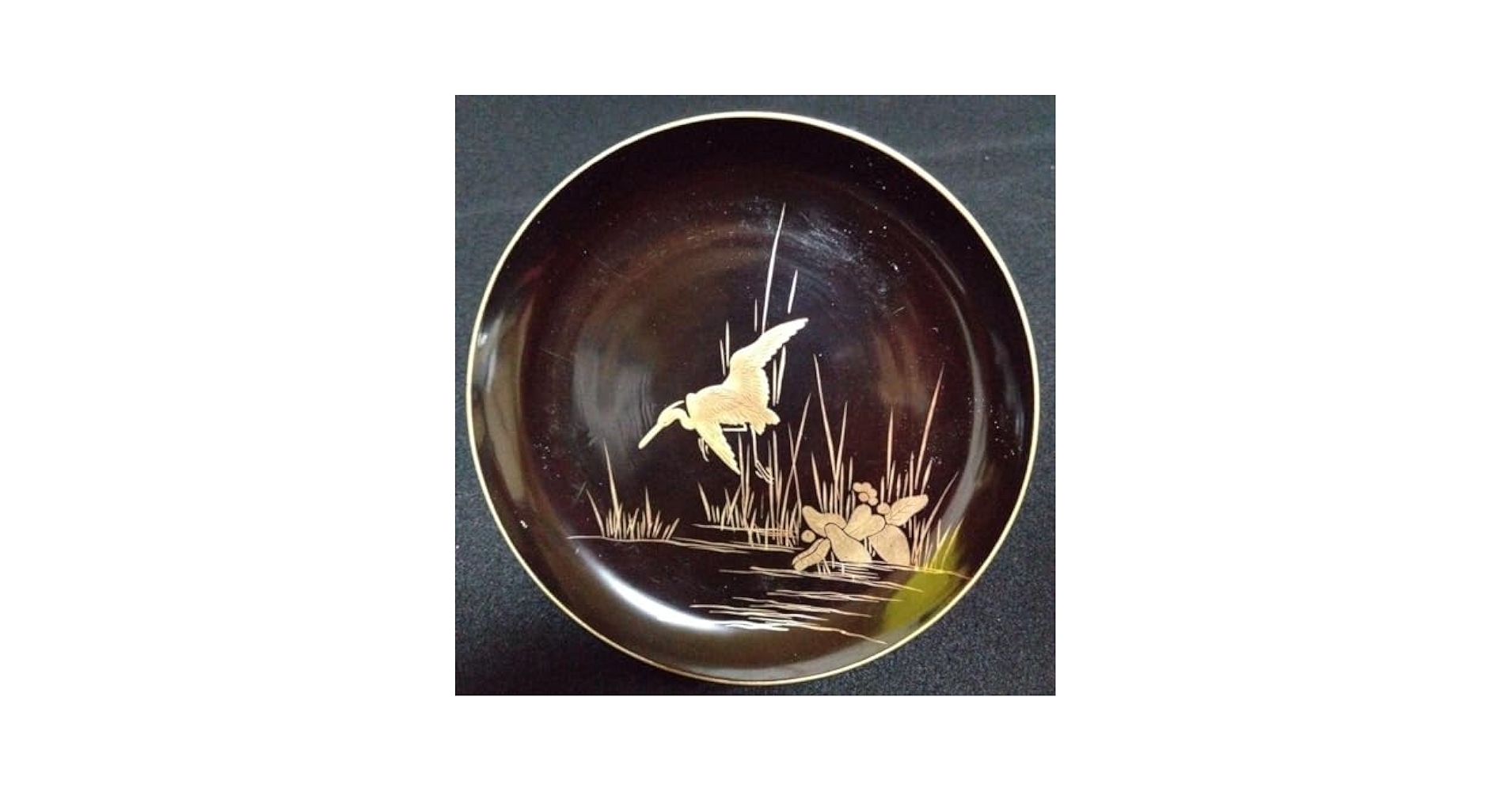 漆器】輪島塗 江戸期 金蒔絵 金縁 本漆塗 天然木 白鷺紋様 水辺を