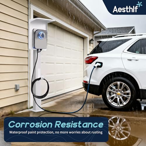 Image of Outdoor EV Charger Pedestal for Tesla & J1772 Charger with Roof | Heavy-Duty Rugged Stand, Anti-wobble Stable Base, Anti-Rust Finish, Handy Organizer Keeps Cable Tidy, Rain & Leaf Protection