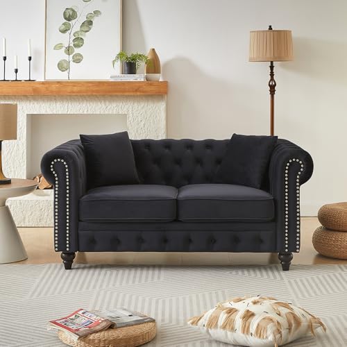 Image of Mid Century Modern Loveseat Sofa, 63.5 inchW Velvet Fabric Button Tufted Small Couch with Nailhead Trim & Roll Armrest, Upholstered Comfy Chesterfield Sofa for Living Room, Office(2 Seater, Dark Black)
