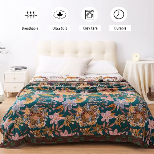 Boho Throw Blanket for Bed, 100% Cotton Muslin Soft Twin Throw-Floral Farmhouse Rustic Decor Blanket for Couch Sofa Quilt and Gift, 60" x 80"-BeigeWhite