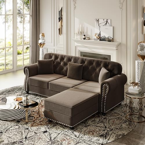 Image of KEIKI 83 inch Velvet Chesterfield Sofa with Rolled Arms & Nailhead Trim & 1 Ottoman, Modern 3-Seater Button Tufted Couch with High Resilience Cushion & 3 Pillow, Easy Assembly, for Living Room, Brown