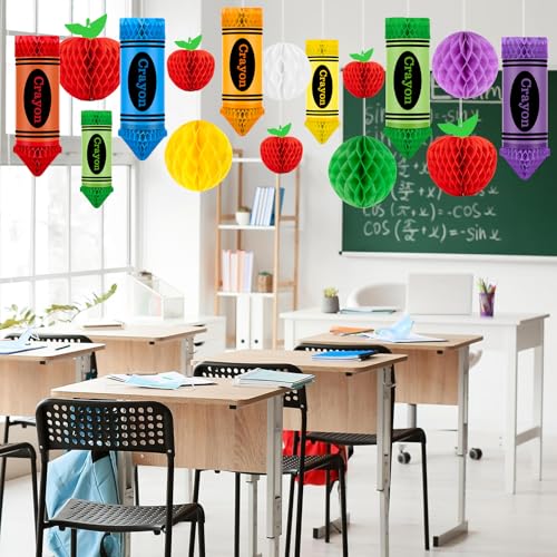Image of 24Pcs Apple-Shaped Crayon-shaped Hanging Honeycomb Balls Welcome Back to School Classroom Decorations for Teacher Appreciation Week First Day of School Party Supplies Decor