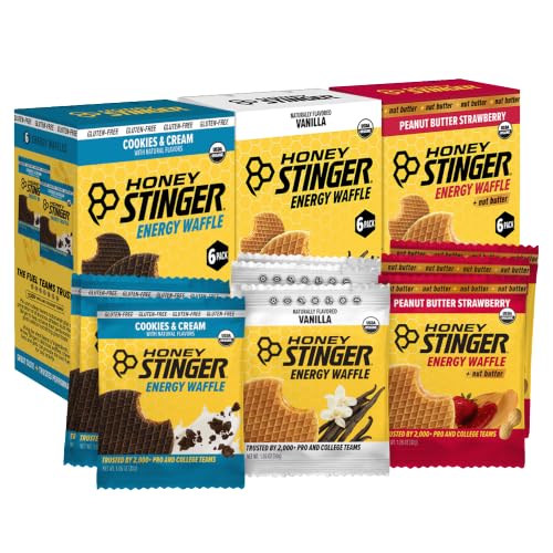 Image of Honey Stinger Organic Energy Waffle Fan Favorites Variety Pack of 18, Vanilla, Cookies and Cream, 6 Pack Each of Peanut Butter Strawberry, Nutritious Stroopwafel Snack for Exercise, Cycling, Running