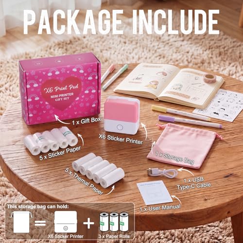 Image of cudinham Print Pods Mini Printer, Sticker Printer with 10 Rolls Thermal Printing Paper, Inkless Pocket Printpod for Phone, Impresora Portatil for Notes, DIY, Gift Set for Student, Kids, Family (Pink)