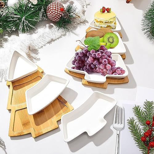 JiabaoPC 10.8 Inches Snack Appetizer Trays Set, Christmas Tree Dessert Serving Dishes, Snack Platter, 3 pcs Removable White Porcelain Plates with Bamboo Tree Tray,Thanksgiving and Christmas