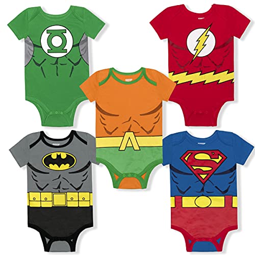 Warner Bros Justice League Boy's 5-Pack Character Creepers - Batman, Superman, Flash, Aquaman and Green Lantern, Size 12M