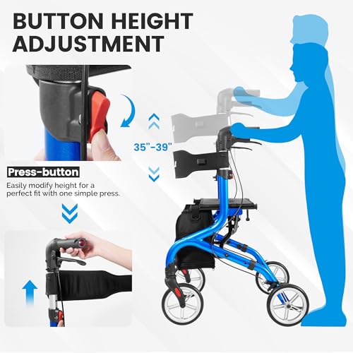 Image of PLANET WALK Super Lightweight Rollator Walker for Seniors, Foldable Rolling Walker with Seat and 8 inch Rubber Wheels for All Terrain, Upgraded Height Adjustment Button with Cup Holder, Blue