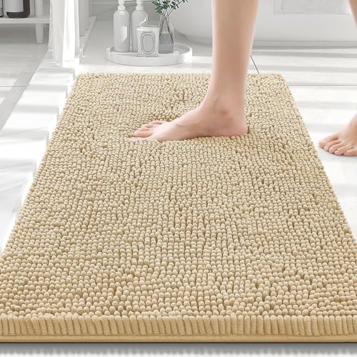 Image of Smiry Luxury Chenille Bathroom Rugs 30x20, Extra Soft and Absorbent Shaggy Bath Mat, Machine Washable, Non-Slip Plush Carpet Runner for Tub, Shower, and Floor, Home Decor Accessories, Beige
