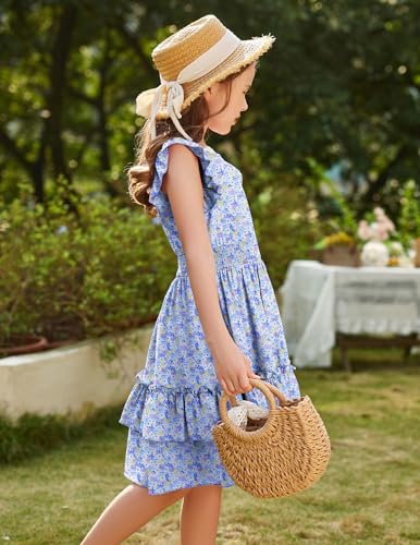 Image of Arshiner Girls Dresses Flutter Sleeve A-Line Sundress Casual Summer Tiered Swing Midi Pocket Dress