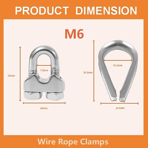Lyrlidr 8 Pcs M6 Wire Rope Clamps Cable Clamps 4 Pcs1/4\" Wire Rope Thimble U Bolt Saddle Fastener 304 Stainless Steel Cable Clamps