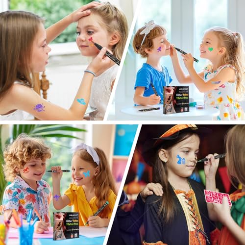 Tattoo Stifte Kinder, 10 Stück Glitzer Tattoo Kinder Tattoostifte Set für die Haut mit 8 Blätter 92 Schablonen Groß Temporäre Tattoo Henna Schablonen für Kinder Erwachsene Geburtstage Party Halloween