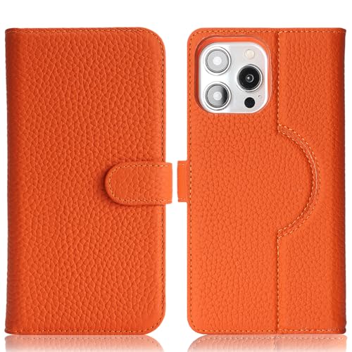Image of Detachable Genuine Leather Case for iPhone 16 Pro Max Wallet Case Magnetic 2in1 Removable Flip Cover Book Purse Compatible with Magsafe Charging Kickstand Card Holder-Orange