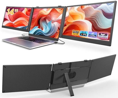 Laptop Screen Extender, 14'' FHD 1080P Ultra-Slim Triple Portable Monitor for Laptops, Two Cable...