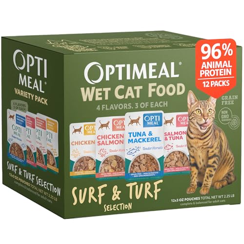 Optimeal Wet Cat Food Variety Pack - Surf & Turf Selection, Grain Free Tender Morsels, High Protein...