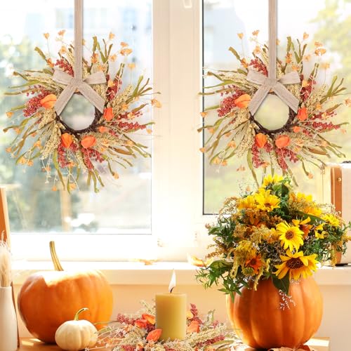 Image of 4 Pcs Fall Candle Rings 9 inch Thanksgiving Autumn Wreaths with Flowers for Tables Artificial Farmhouse Candle Rings Wreath for Front Door Porch Wall Window Decorations