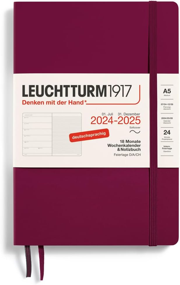 LEUCHTTURM1917 370620 Weekly Calendar & Notebook Softcover Medium (A5) 2025, 18 Months, Lilac, German