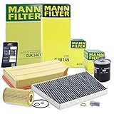 LIEFERUMFANG - 1x MANN-FILTER Ölfiltereinsatz; 1x MANN-FILTER Luftfilter; 1x MANN-FILTER Innenraumfilter (Aktivkohle); 1x MANN-FILTER Kraftstofffilter; 1x Ölablass-Schraube; 1x Ölwechsel-Anhänger