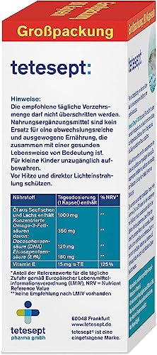 tetesept Omega-3 1000 - Seefisch- und Lachsöl Kapseln – Hochdosierte Omega 3 Fettsäuren DHA, EPA & Vitamin E - Nahrungsergänzungsmittel zur Unterstützung des Herz-Kreislauf-Systems – 1 x 80 Stück