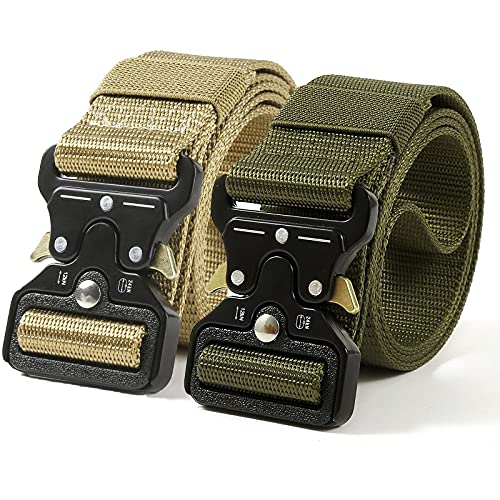 2pcs Tactical Belt,Military Style, Heavy-Duty Nylon Belt With Quick Release Metal Buckle, Work Belt 1.5 X 4 Ft(Beige & Green), 4FT