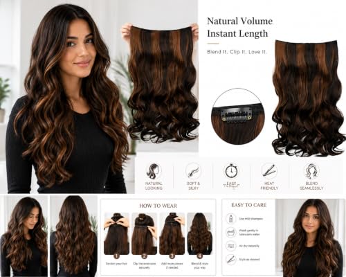 Image of Women Hair Extension Long Curly Wavy Dark Brown With Chestnut Highlight 18 Inches Hairpiece With 5 BB Clip /Hair Extension for Women Party /Halloween /Christmas