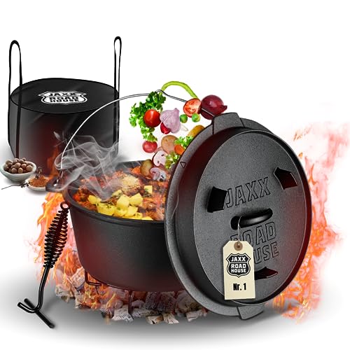 JAXX Dutch Oven Set mit Zubehör | 7 Liter | Eingebrannter BBQ Gusseisen Topf für offenes Feuer, Gas-/Kohle-Grill, Backofen und alle Herdarten inkl. Induktion | Mit Deckelheber, Untersetzer, Tasche