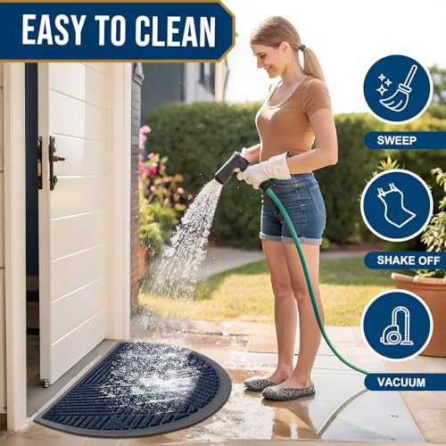 Image of Smiry Half Circle Front Door Mat Outside Entrance, Heavy Duty Sturdy Natural Rubber Doormat, Trap Dirt and Moisture, Low Profile Mats for Indoor Outdoor Entry, Irregular Triangle (35x23, Navy Blue)