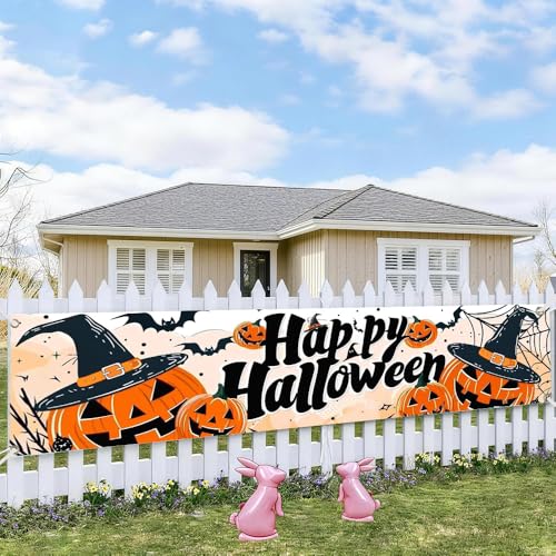 Image of Halloween Pumpkin Outdoor Banner 78.7 x 17.7 Inch Happy Halloween Scene with Jack O Lanterns Witch Hats Bats and Spider Webs for Yard Garden Fence Porch Patio or Outdoor Decoration