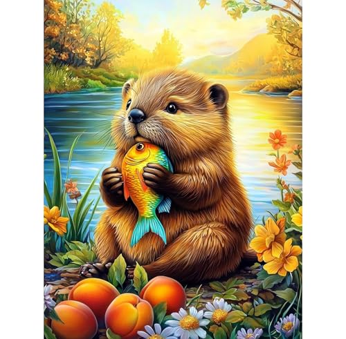 QENSPE Otter Diamond Art Kits for Adults, DIY Full Drill Diamond Painting Art Kit for Beginners, 5D Round Diamond Dots Paintings Fish, Gem Art Crafts Home Wall Decor Gifts 12x16 inch