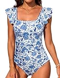Wiepux Women Tummy Control One Piece Swimsuit Ruffle Square Neck Cutout Back Bathing Suit Shell Stitched Slimming Swimwear(Blue Print,M)